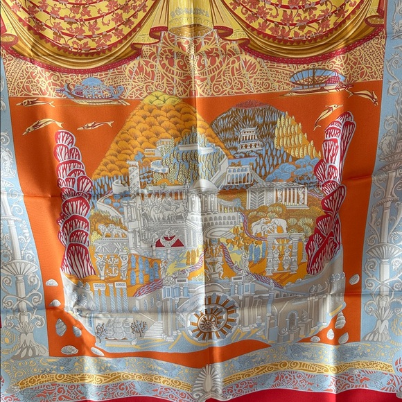 Authentic Hermès L’Atlantide %100 Silk Scarf Carré 90 Red Orange Made in France - Picture 10 of 15